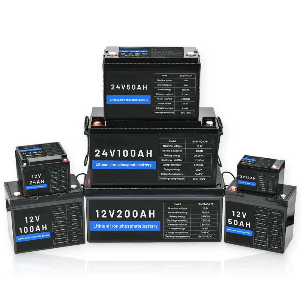 12V/24V 150Ah 200Ah Deep Cycle LiFePO4 Battery  Lithium 24Ah 50Ah 100Ah